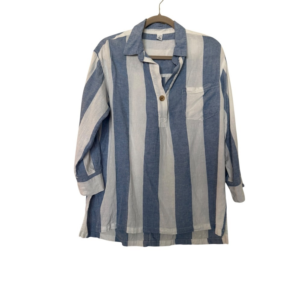 Old Navy Blue White Striped Linen Blend Tunic Popover Long Sleeve Shirt M Beach - Picture 10 of 11